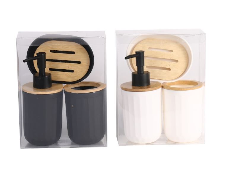 Set De Baño X3 Piezas De Plástico C/ Tapa  De Bambú 42910 403